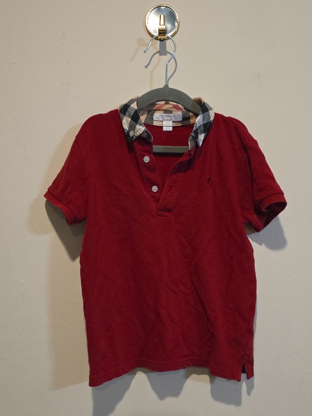 Burberry Novacheck Boys Red Polo Shirt with Plaid Collar Size 7